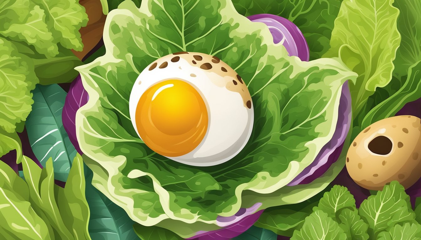 A quail egg nestled in a bed of vibrant green lettuce leaves, surrounded by other colorful and nutritious foods