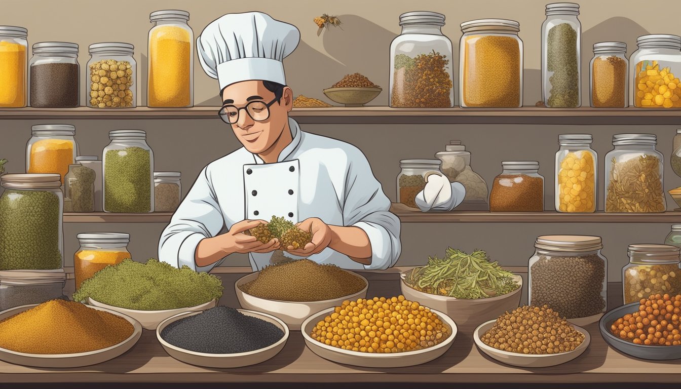 A chef carefully selects bee larvae from a hive, surrounded by jars of exotic spices and ingredients from around the world