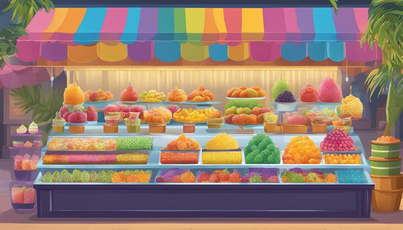 A colorful market stall displays exotic sago delight desserts. Brightly colored fruits and toppings adorn the gelatinous treats, creating an enticing and vibrant scene