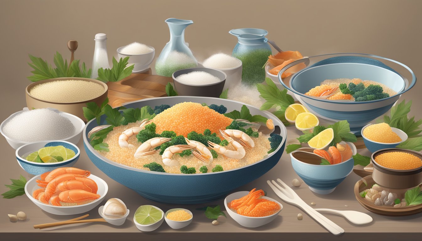 A table set with a steaming bowl of sago delight surrounded by seafood ingredients and cooking utensils