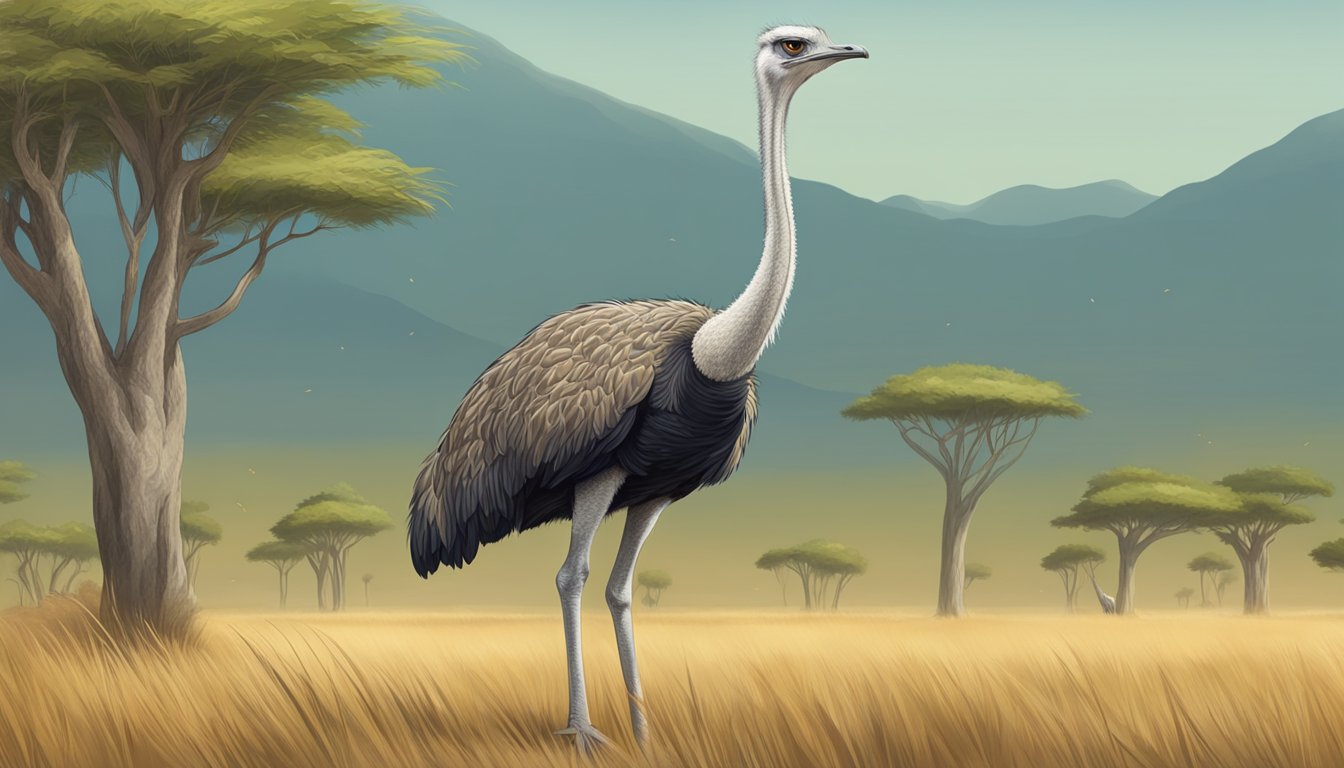 An ostrich with a long neck and large body standing in a grassy savanna, surrounded by other wildlife