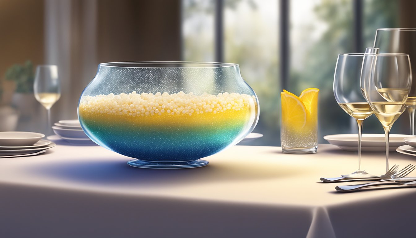 A glass bowl filled with sago delight, surrounded by elegant fine dining table setting and dim lighting