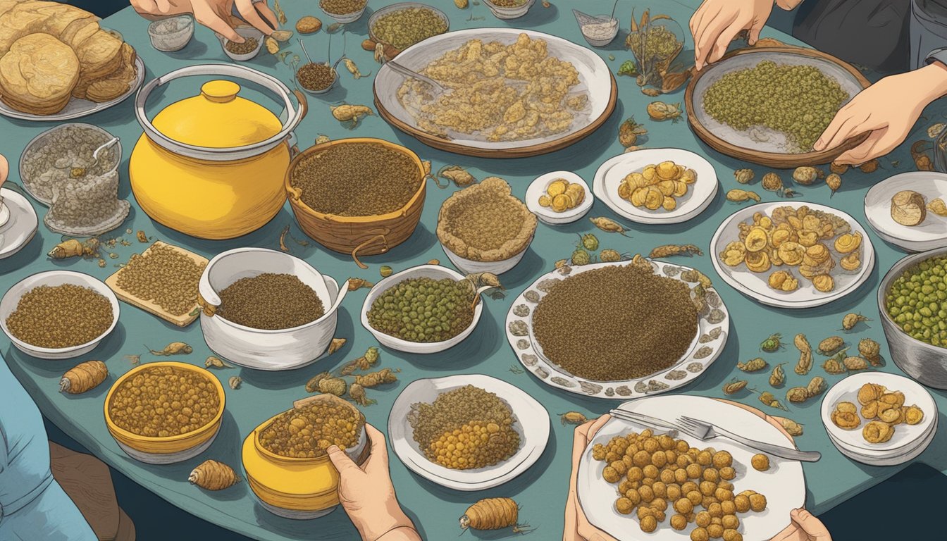 A table set with bee larvae dishes from around the world, surrounded by curious onlookers sampling the strange delicacies