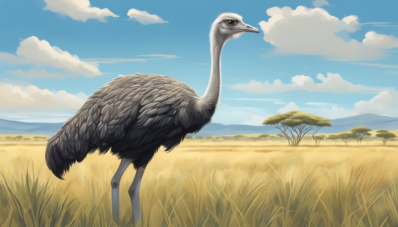 An ostrich grazing in a grassy savanna, with a clear blue sky and a few scattered clouds overhead