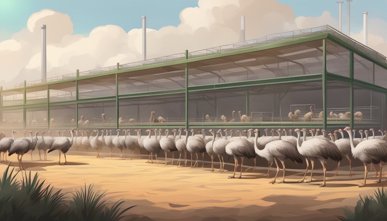 A sprawling ostrich farm with large enclosures, feeding stations, and workers tending to the birds. Nearby, a factory processes ostrich meat