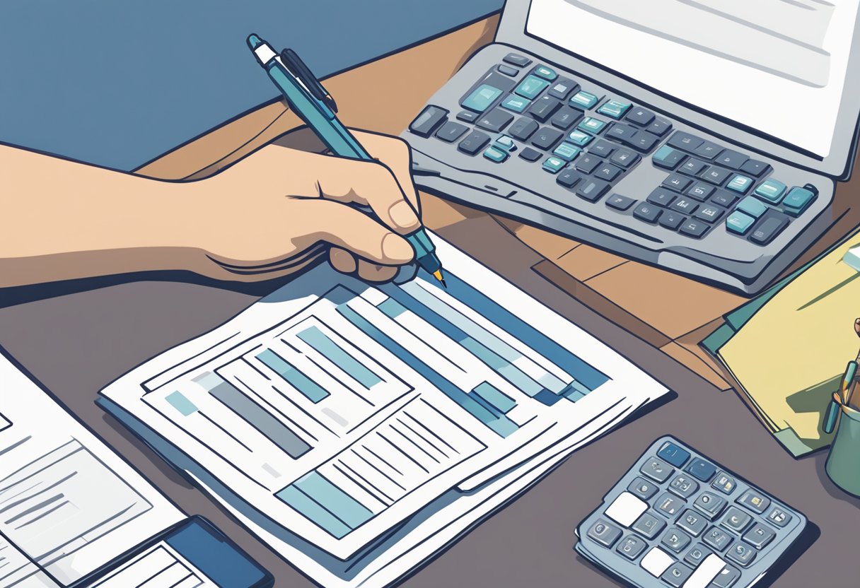 A hand holding a completed DTC application form with a pen nearby, surrounded by a laptop, calculator, and paperwork