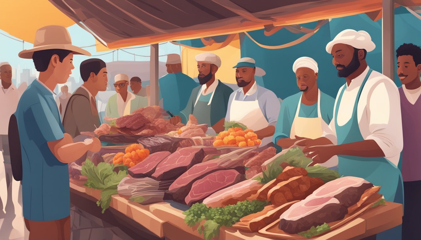 A colorful market stall with various exotic meats on display, including ostrich meat. The vendor is surrounded by curious onlookers