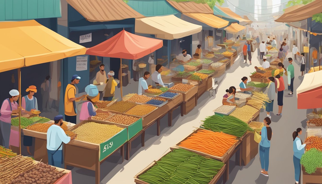 A bustling market with colorful stalls selling locusts in various forms, from skewers to snacks, with people from different cultures sampling the sustainable delicacy