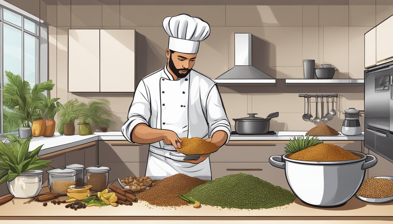 A chef preparing palm grubs in a sleek, modern kitchen, surrounded by exotic spices and ingredients from the Amazon rainforest