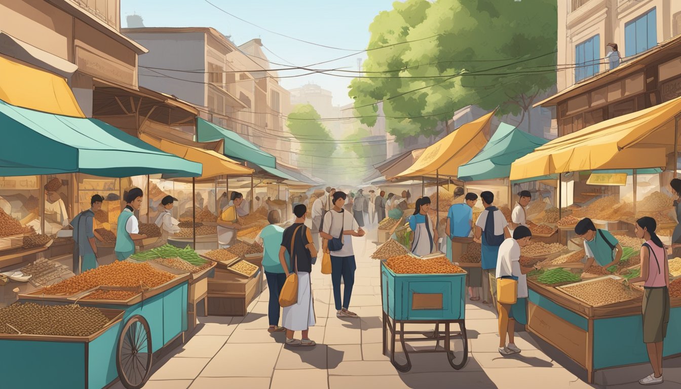 A bustling marketplace with vendors selling locusts in various forms, from skewers to deep-fried snacks. Customers eagerly sample the sustainable and protein-rich insect delicacies