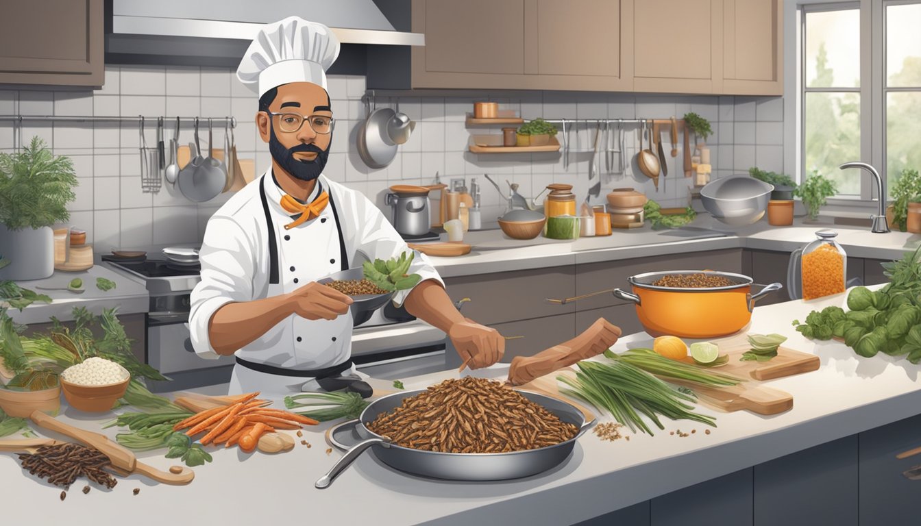 A chef cooking locusts in a modern kitchen, surrounded by diverse ingredients and cooking utensils