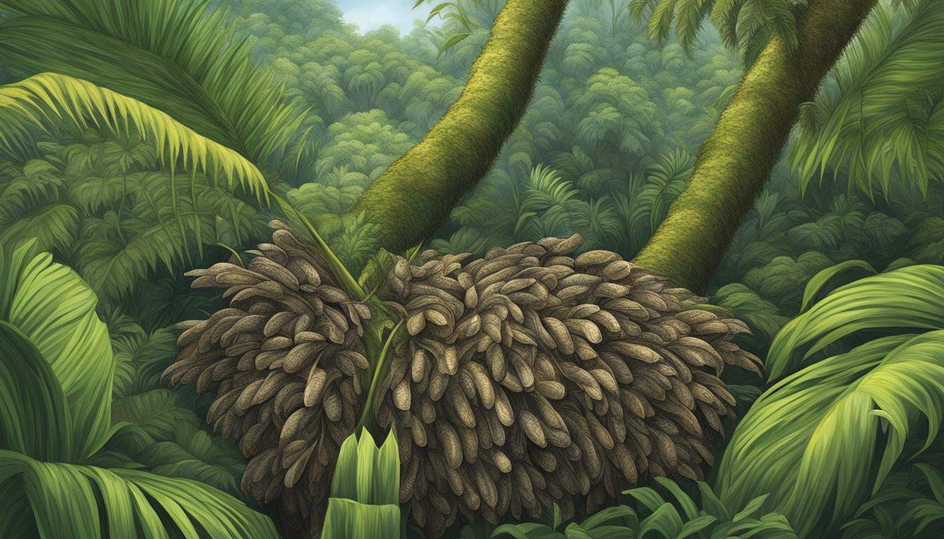 Palm grubs emerge from a decaying palm tree, surrounded by lush green foliage in the Amazon rainforest