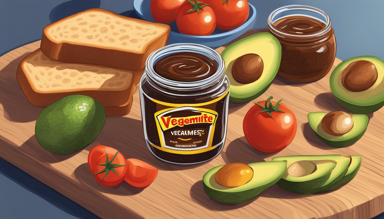 A jar of vegemite surrounded by toast, avocado, and tomatoes on a wooden cutting board