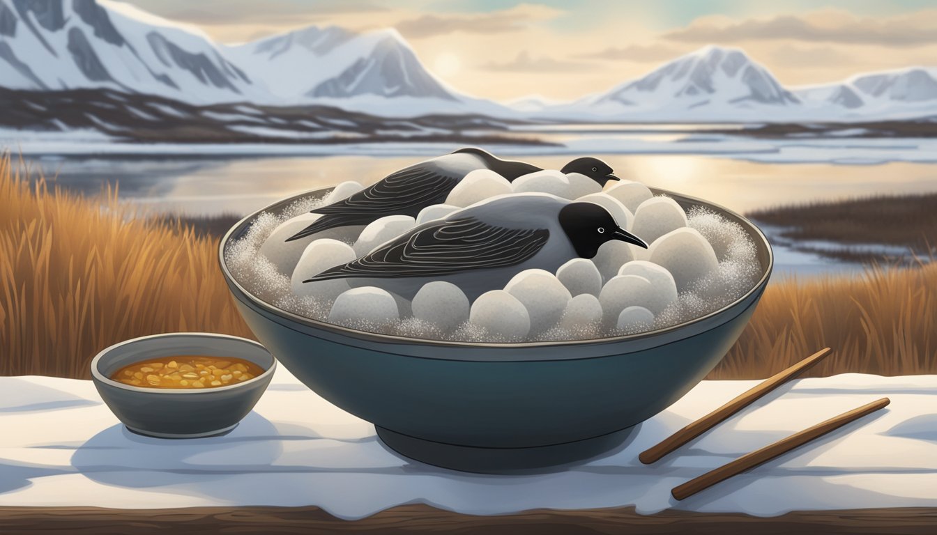 A bowl of kiviak, a traditional Inuit dish made of fermented sea birds stuffed into a seal skin, sits on a wooden table surrounded by snowy Arctic landscape