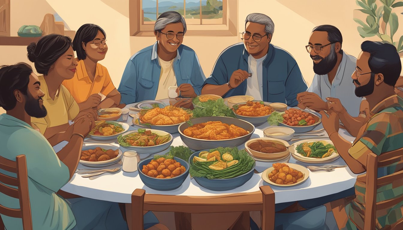 A group of people gather around a large table, enjoying a traditional meal of paco fish, symbolizing cultural significance and human interactions