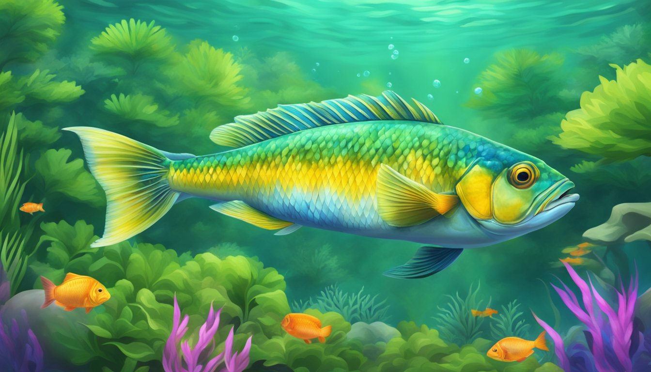 A paco fish swims peacefully in a clear, vibrant river, surrounded by lush green vegetation and other colorful aquatic life