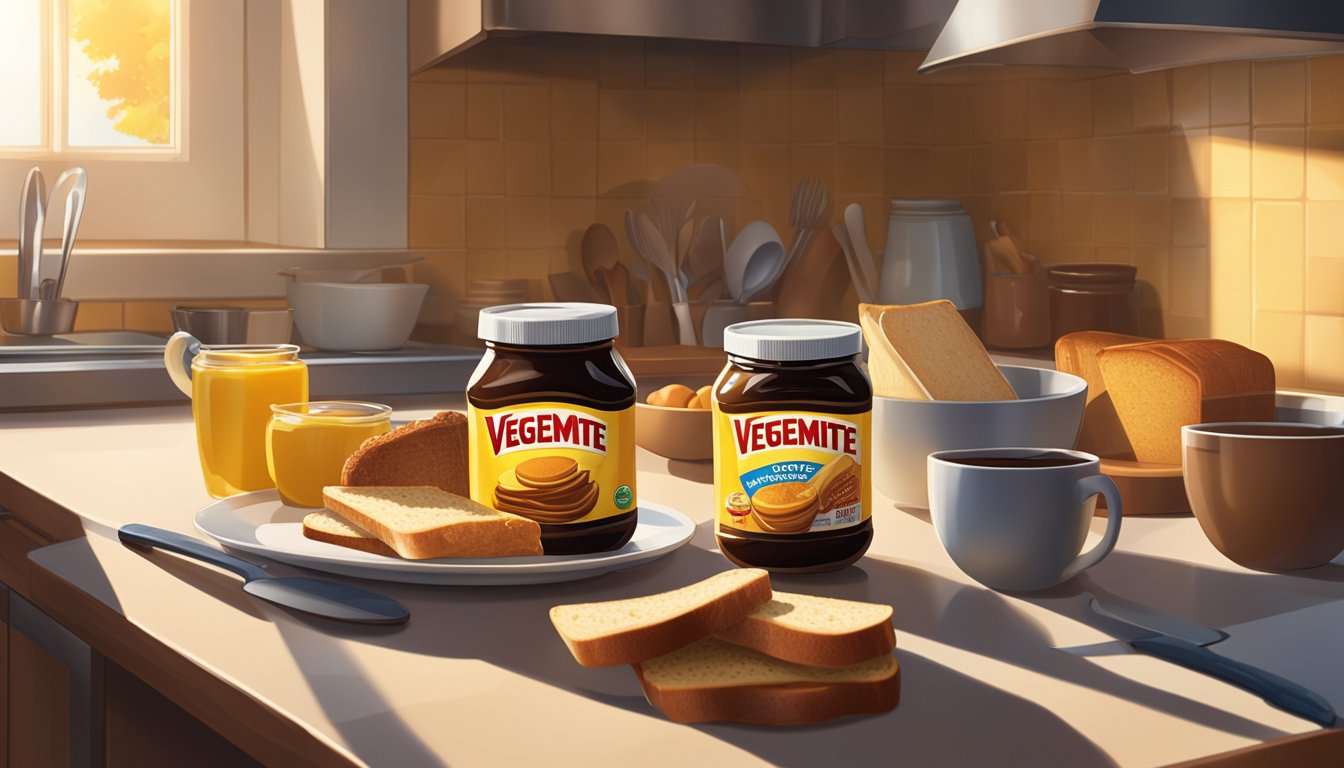 A jar of Vegemite sits on a kitchen counter surrounded by various breakfast items like toast, butter, and a knife. The morning sunlight streams in through the window, casting a warm glow over the scene