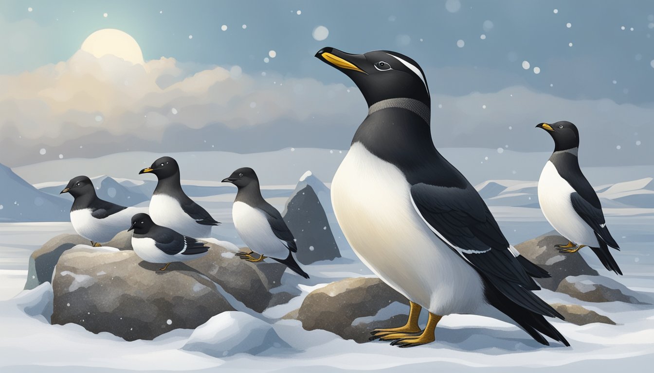 A group of kiviak, fermented whole auks, stored in a traditional Inuit stone cairn, surrounded by snow and ice