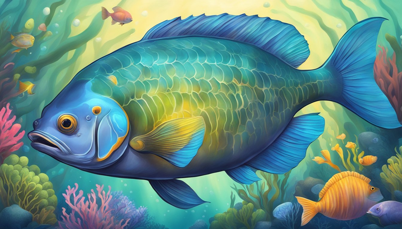 A giant pacu fish swimming among colorful, mythological creatures in a vibrant underwater world