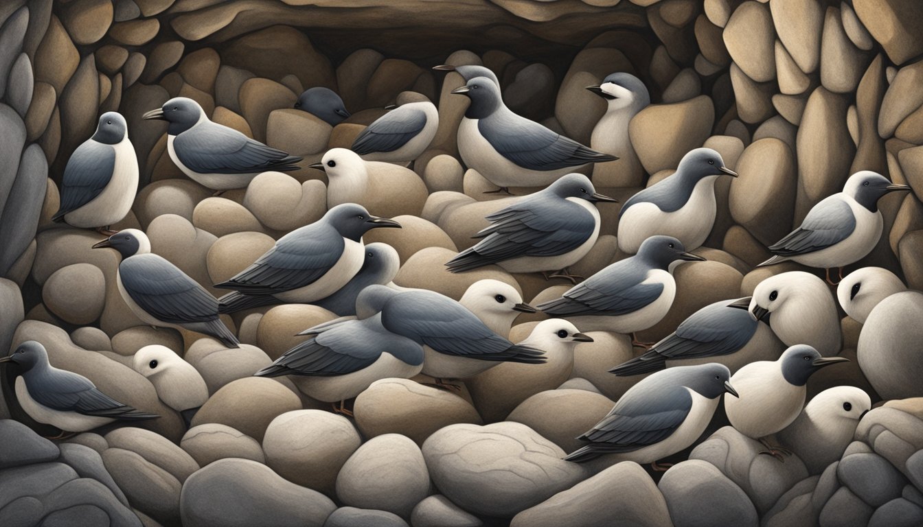 A group of kiviak, fermented seabirds, are stored in a traditional Inuit underground container made of seal skin and buried under heavy rocks