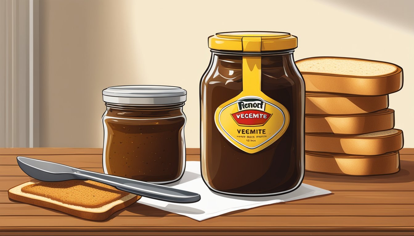 A jar of vegemite sits on a wooden table, surrounded by slices of toast and a spreader. The room is filled with warm, natural light