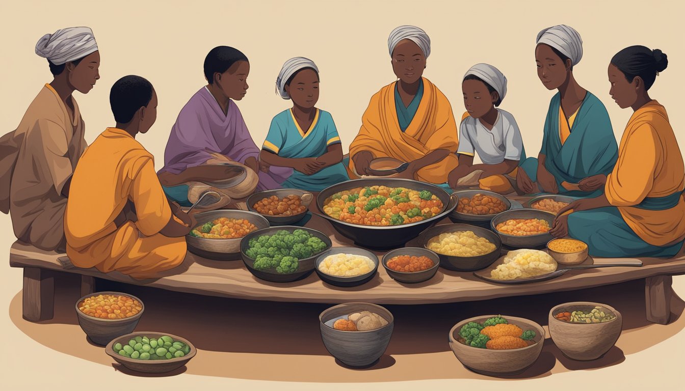 A family sitting around a large communal bowl of nshima, with various side dishes and utensils on the table