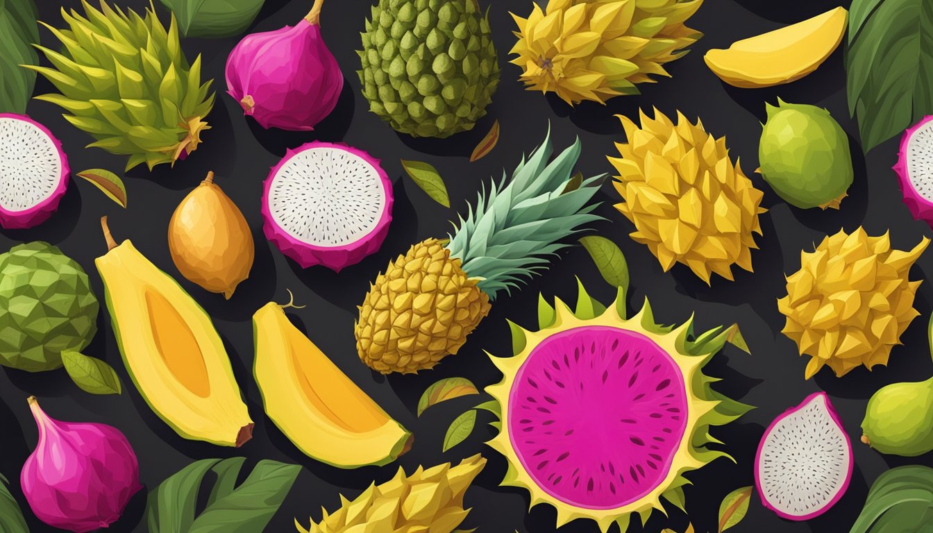 A colorful array of exotic fruits and vegetables, including dragon fruit, durian, and jackfruit, displayed on a rustic wooden table