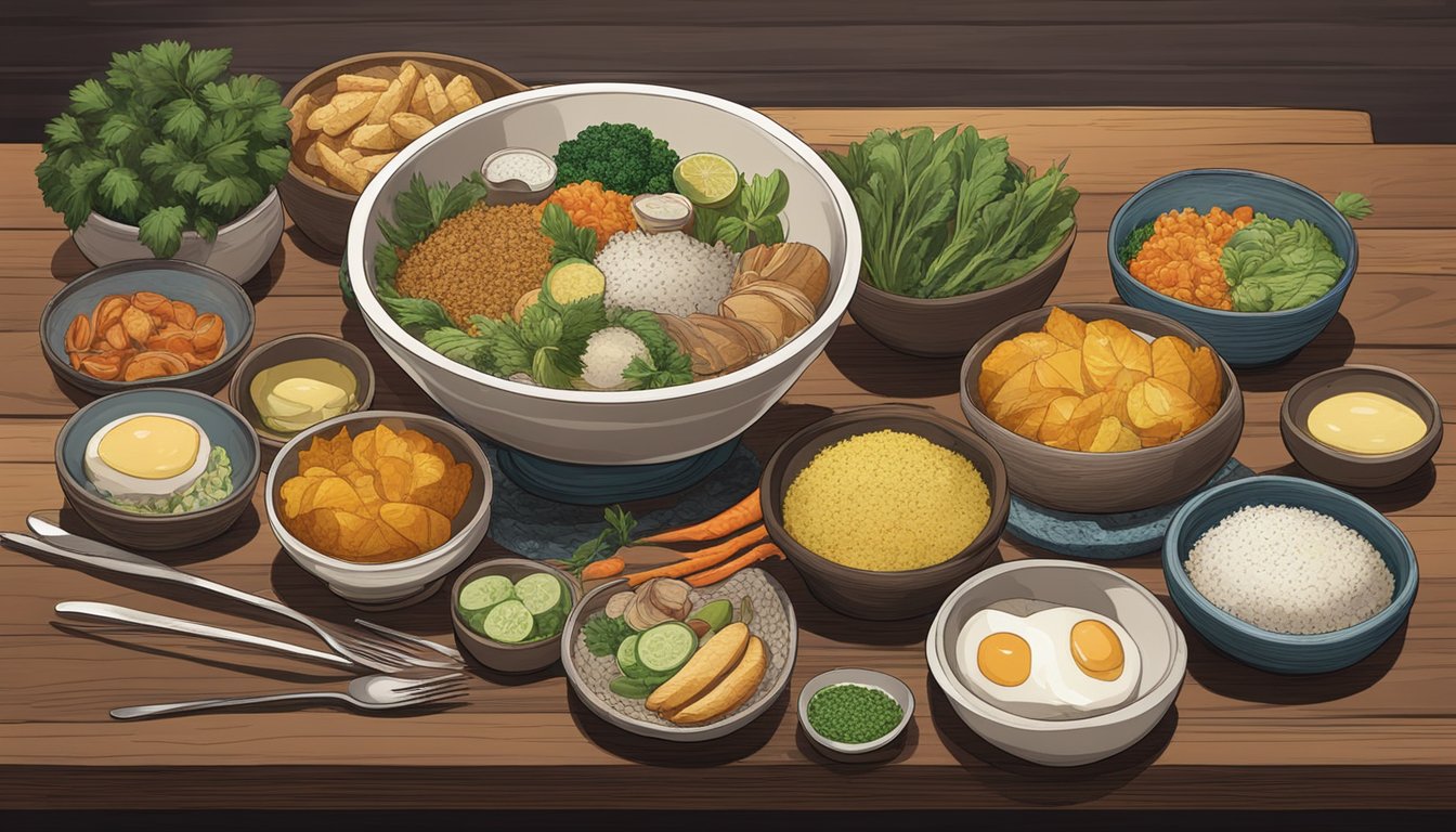 A bowl of nshima surrounded by side dishes and utensils on a wooden table