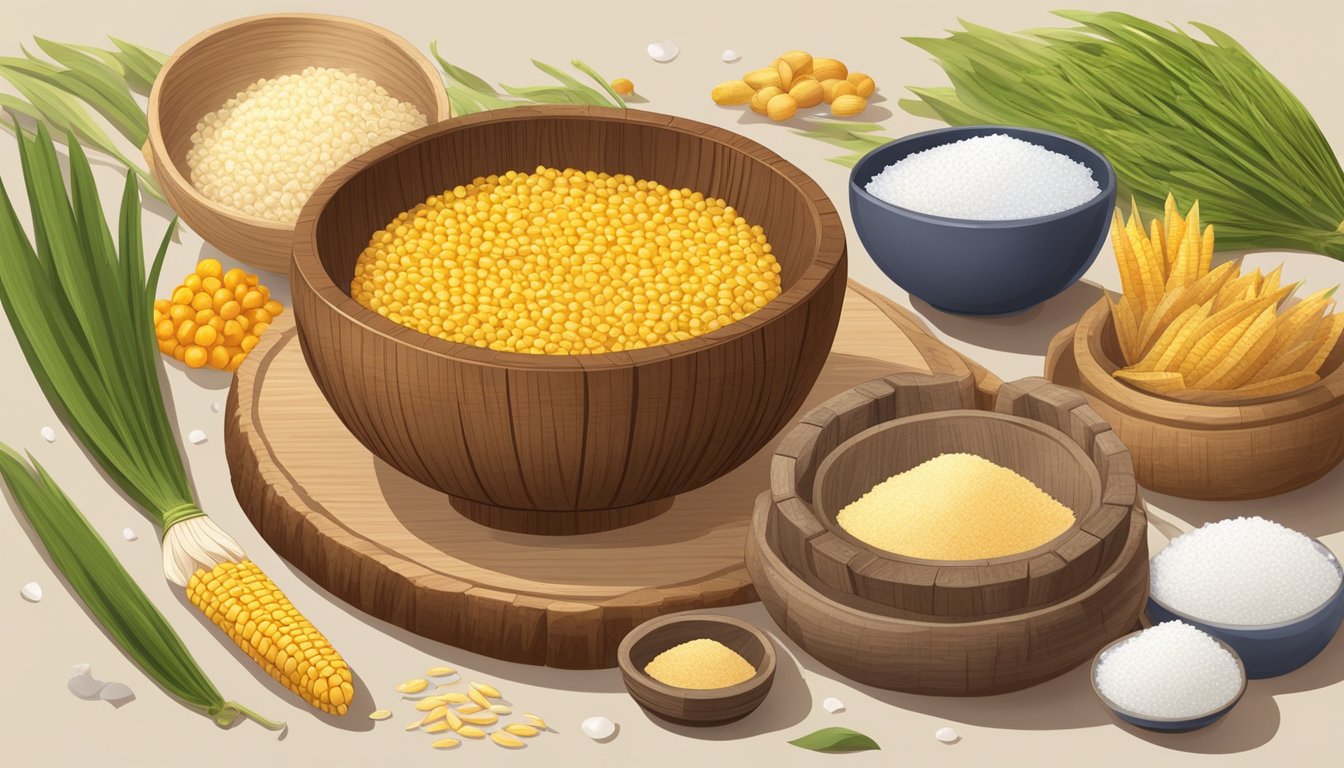 A wooden bowl filled with cooked nshima surrounded by scattered ingredients like maize meal, water, and salt