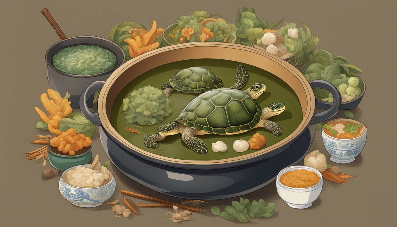 A large pot of turtle soup surrounded by Chinese and Creole cultural symbols, emphasizing ethical and conservation considerations