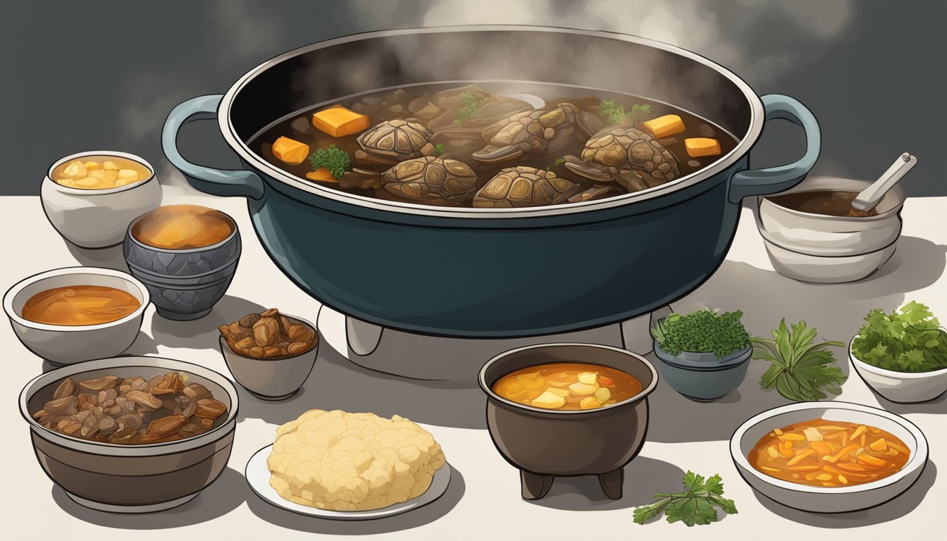 A large pot simmering on a stove, filled with rich, aromatic broth and chunks of tender turtle meat, surrounded by traditional Chinese and Creole cooking utensils and ingredients