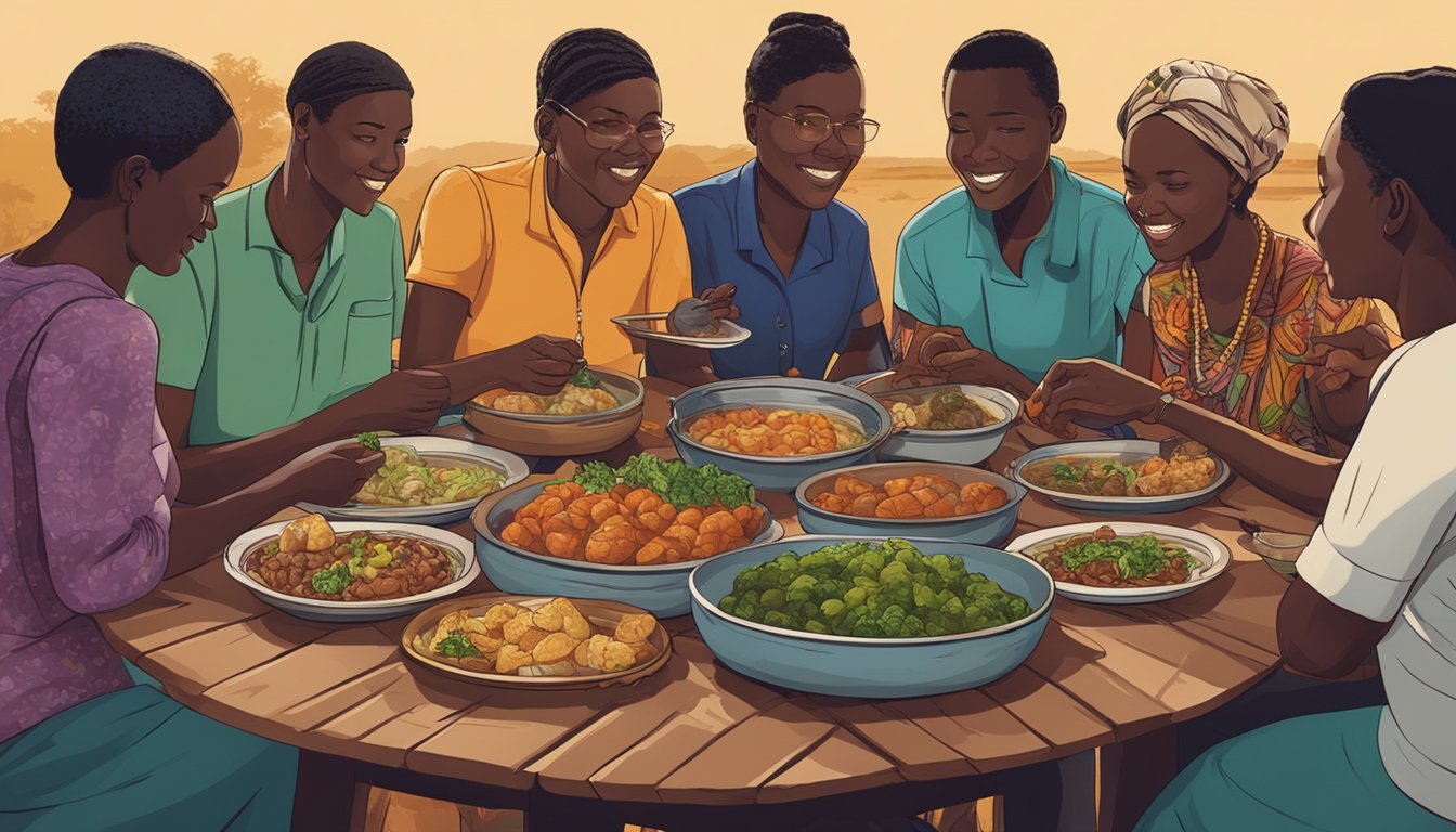 A group of people gather around a table, enjoying a meal of nshima, a popular and impactful traditional Zambian dish