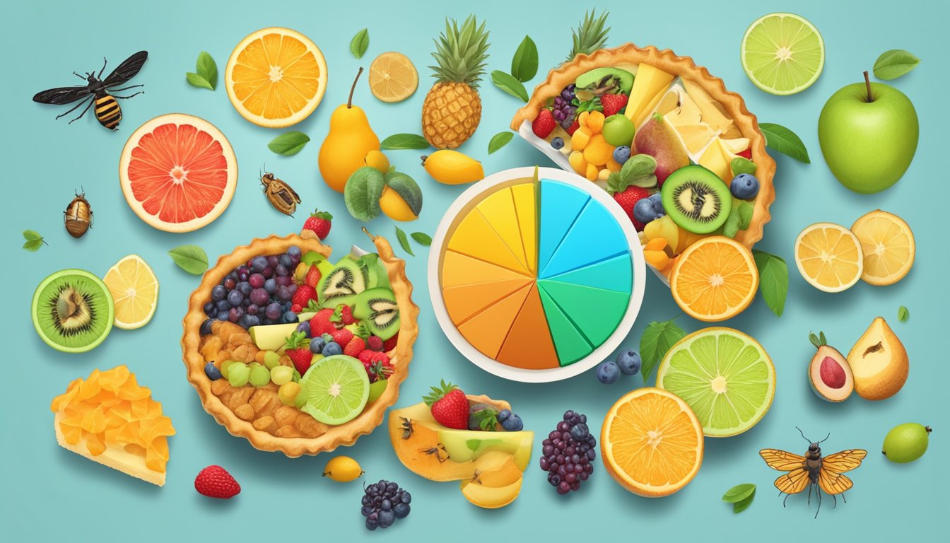 A colorful pie chart with slices representing various web analytics data, surrounded by images of unusual food items like insects and exotic fruits