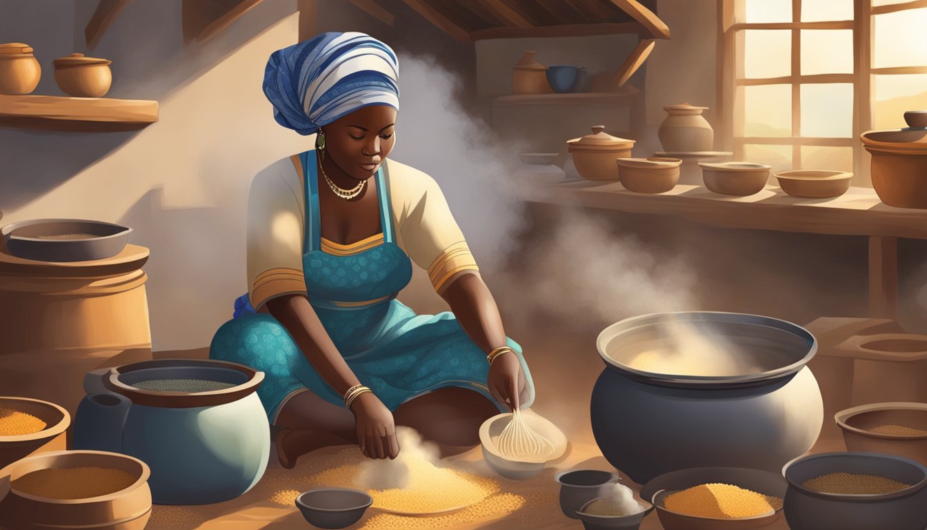 A woman prepares nshima in a traditional kitchen, surrounded by pots and utensils. The steam rises from the pot as she stirs the thick maize porridge