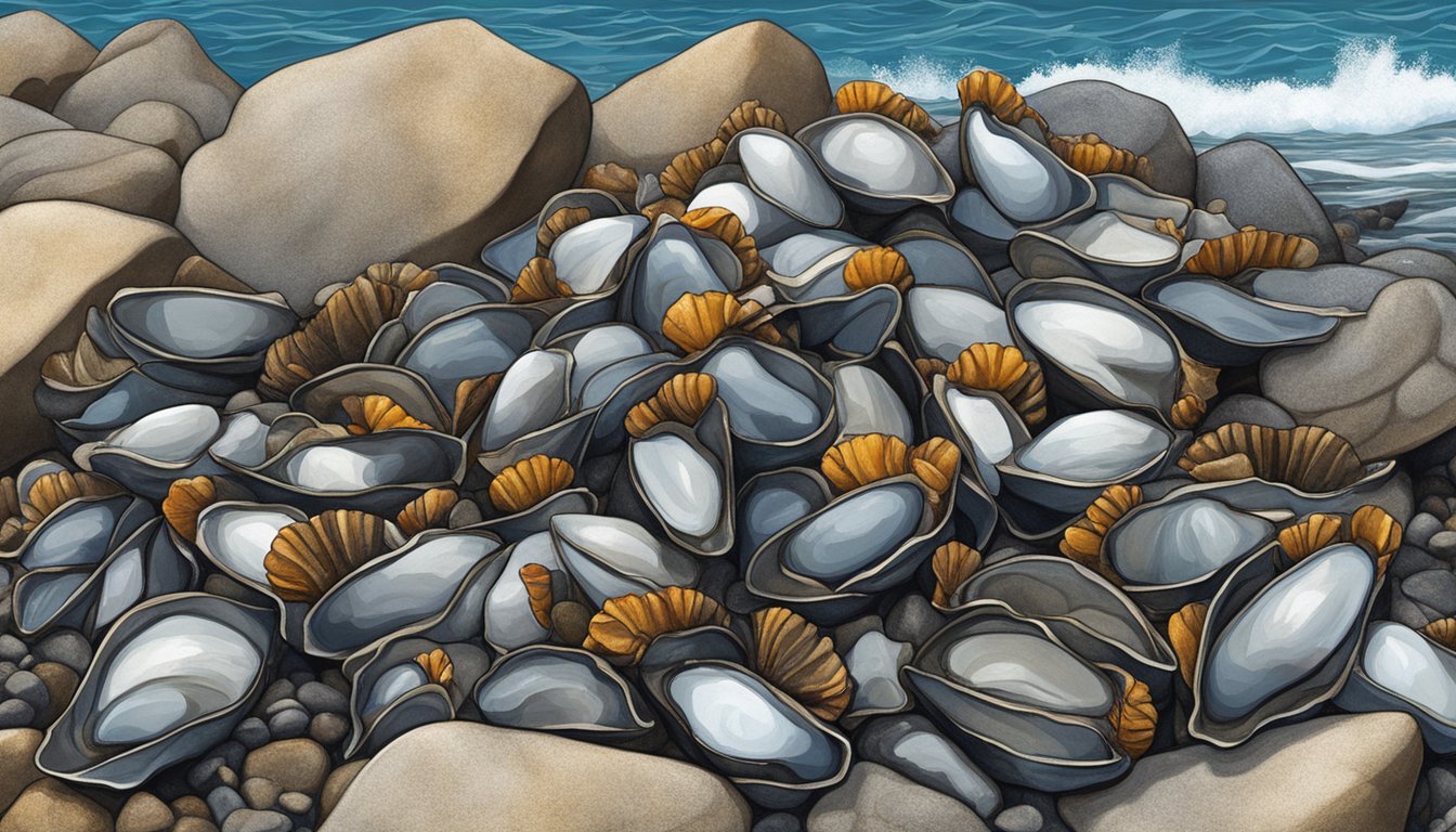 A cluster of goose barnacles clinging to a rocky shoreline, surrounded by crashing waves and vibrant marine life