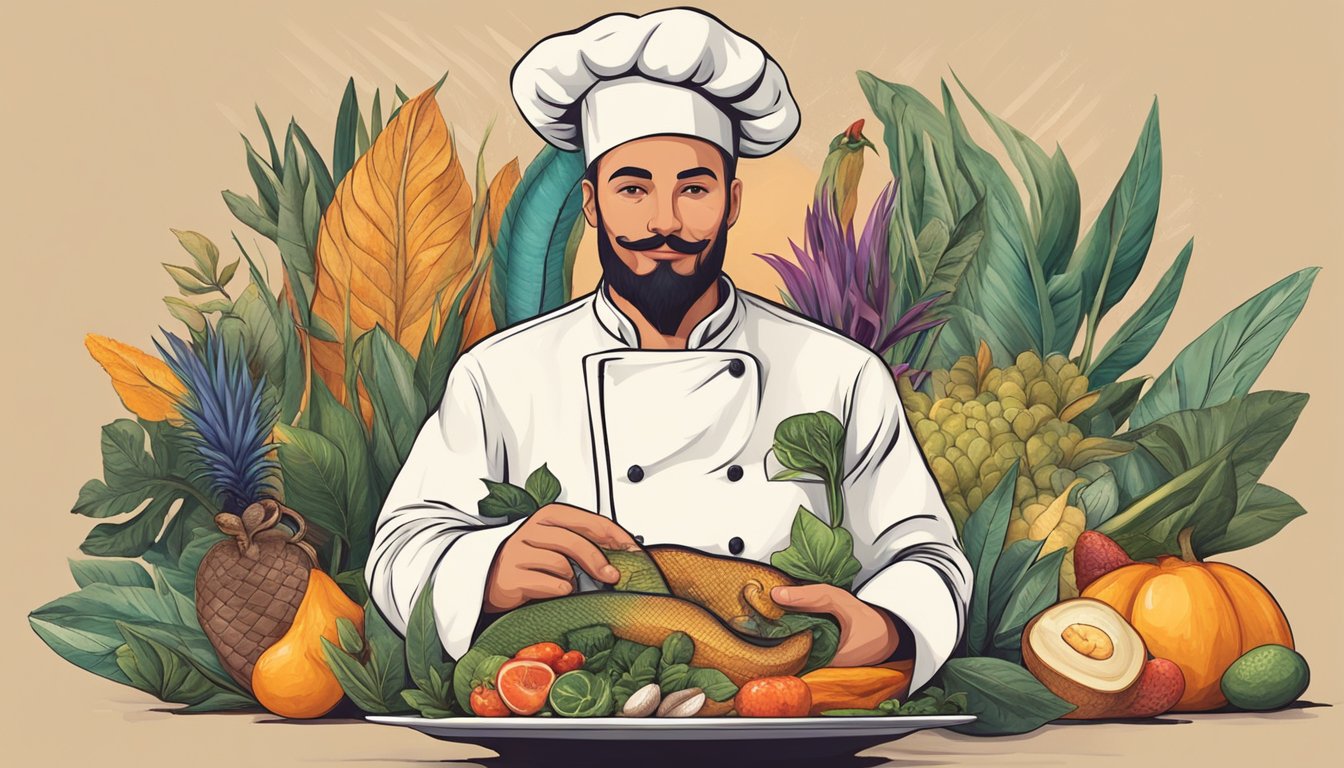 A chef holds a cobra heart above a plate, surrounded by exotic ingredients