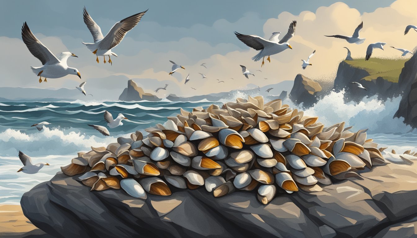 A cluster of goose barnacles clinging to a rocky shore, surrounded by crashing waves and seagulls in the distance