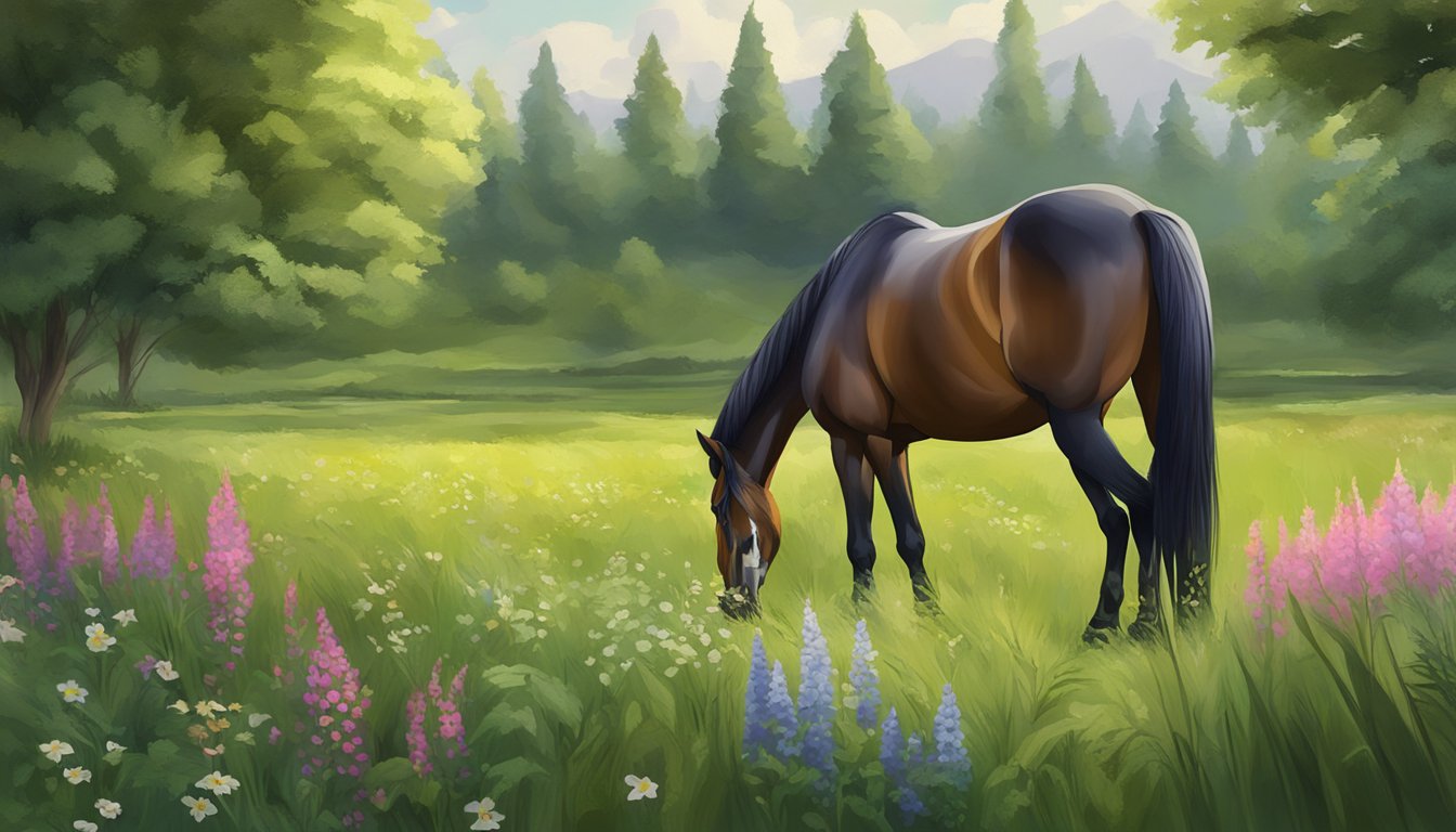 A horse grazing in a lush green field, surrounded by wildflowers and tall grass