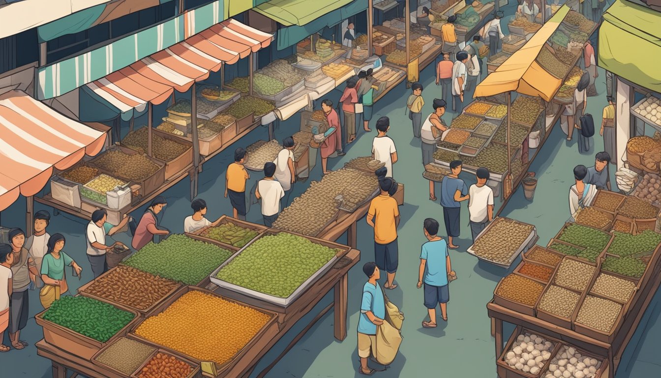 A bustling Thai market with vendors selling a variety of edible insects and insect-derived products, surrounded by curious onlookers