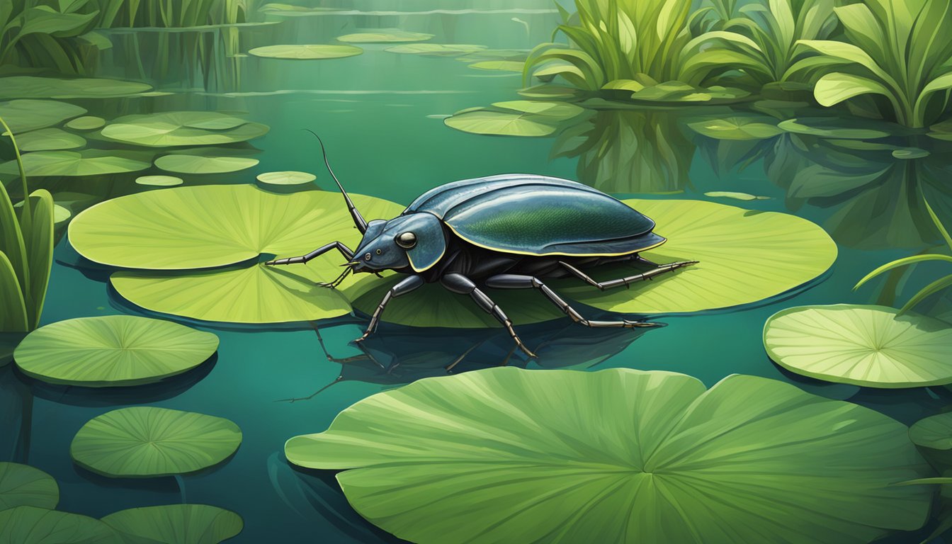 A giant water bug perched on a lily pad in a serene pond, surrounded by lush green vegetation and various aquatic creatures