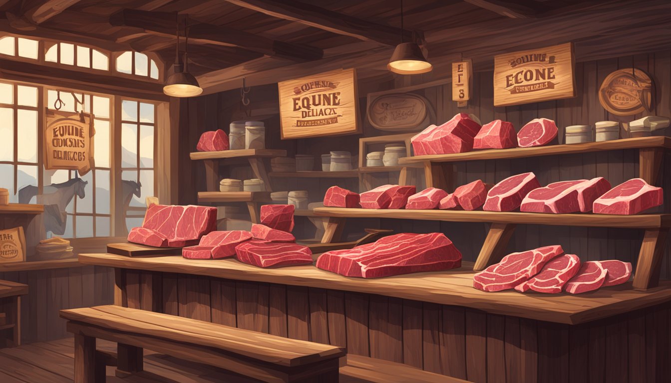 A rustic butcher shop with a sign reading "Equine Delicacies" displays various cuts of horse meat on wooden tables