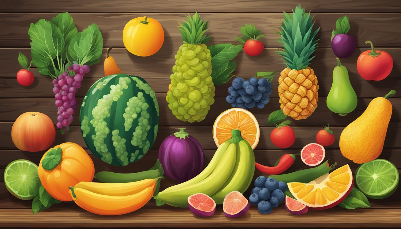 A colorful array of exotic fruits and vegetables arranged on a rustic wooden table