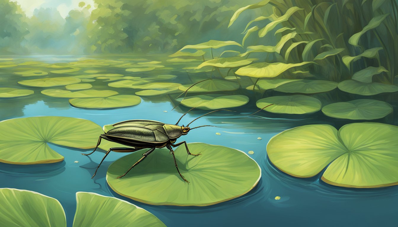 A giant water bug perches on a lily pad, its long legs poised to strike. Nearby, a group of curious onlookers cautiously observe the strange creature