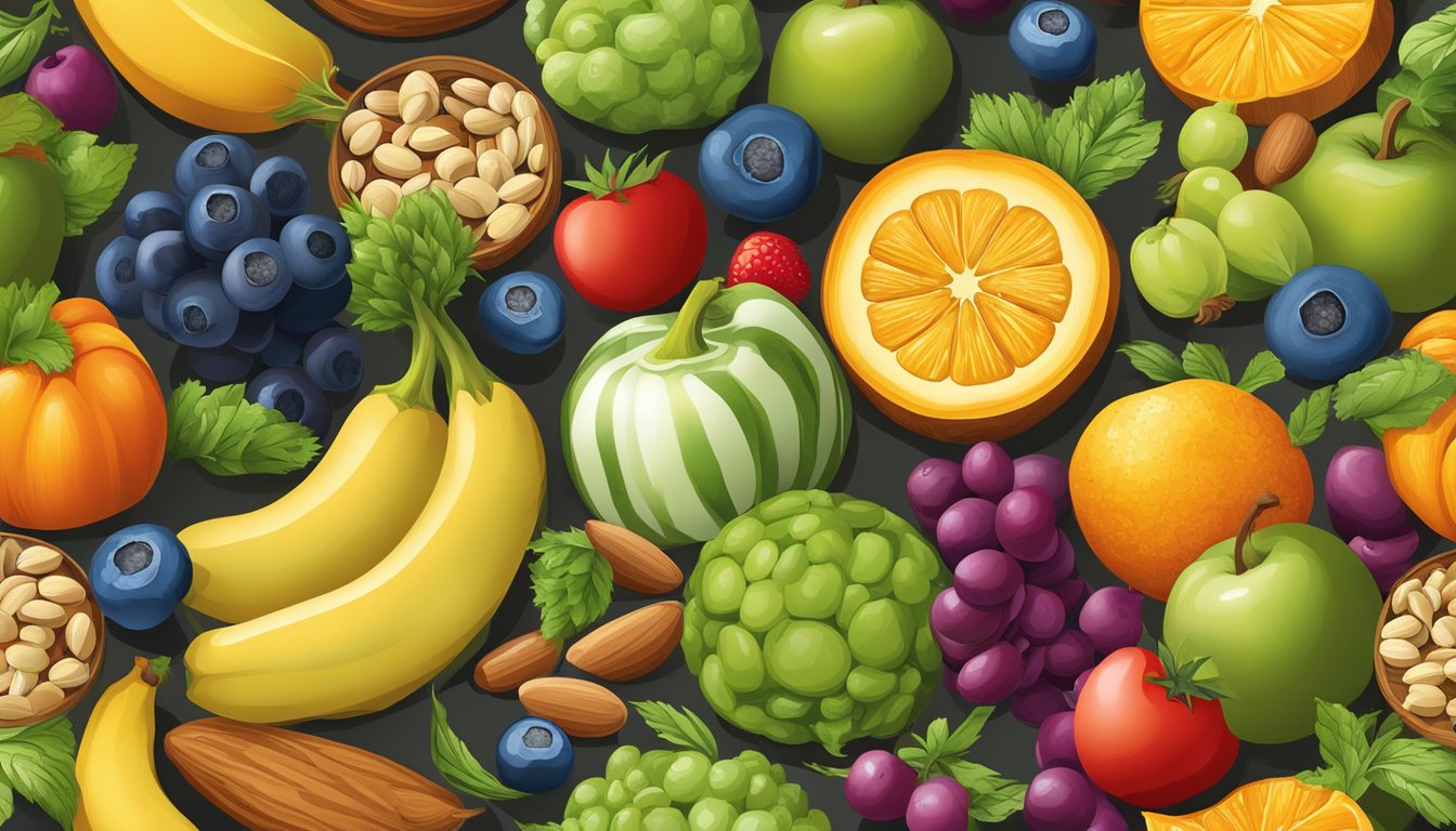 A colorful array of fruits, vegetables, grains, and nuts arranged in a balanced and appealing composition