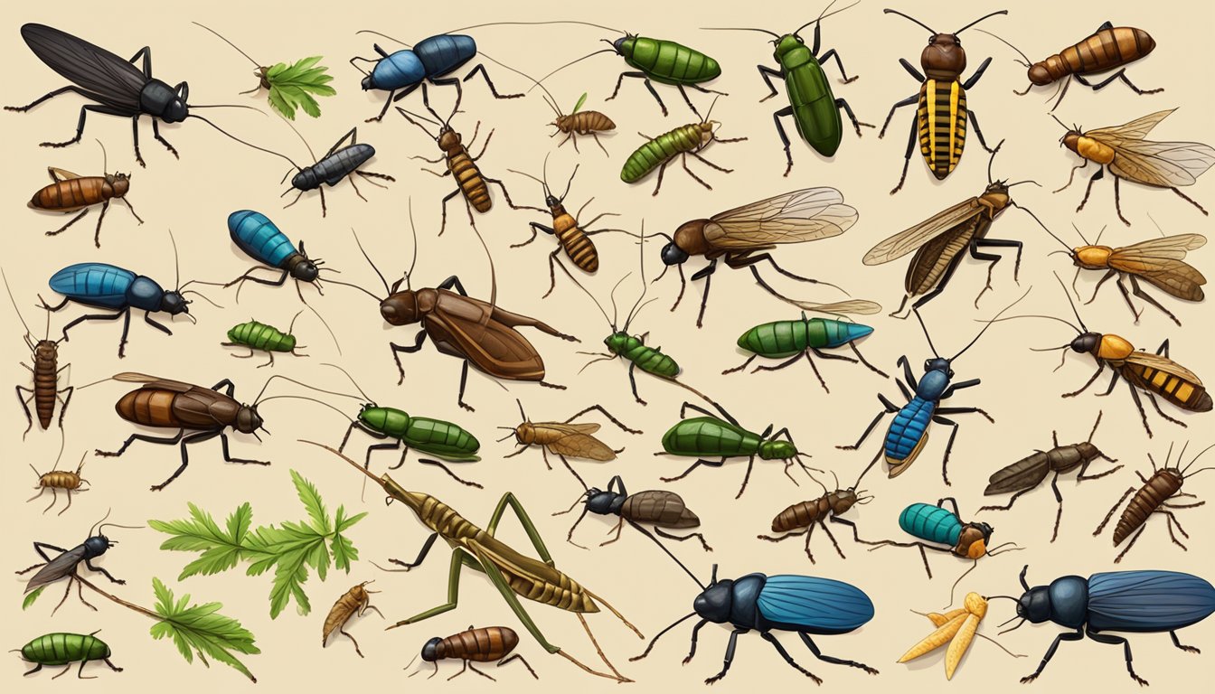 A variety of colorful edible insects are displayed on a wooden cutting board, including crickets, mealworms, and grasshoppers