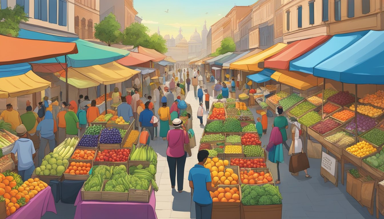 A bustling marketplace with colorful stalls selling exotic fruits, vegetables, and sustainable products. Numerous people browse the unique offerings while vendors call out to passersby