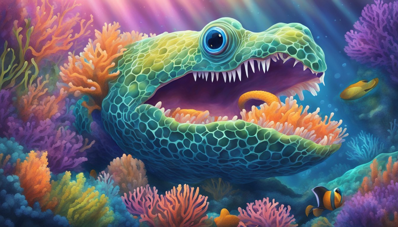 A strange creature devouring sea cucumbers in a vibrant coral reef