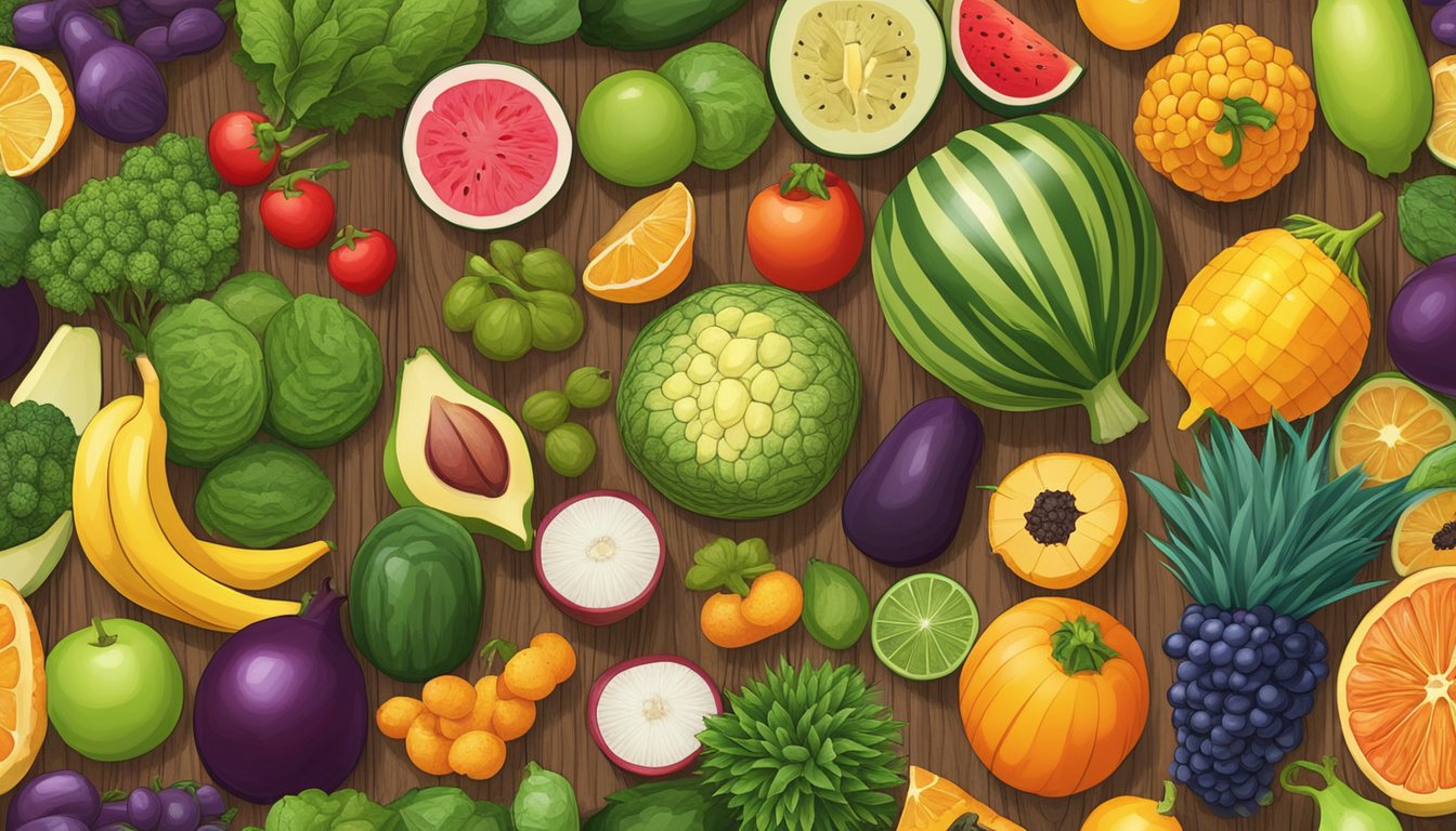 A colorful array of exotic fruits and vegetables, including jing leed, are arranged on a wooden cutting board, ready to be incorporated into daily nutrition