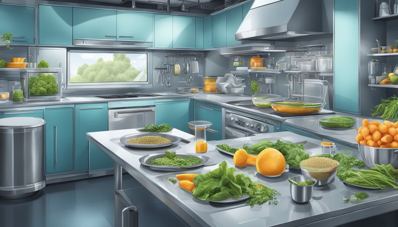 A futuristic kitchen with insect-based ingredients and high-tech cooking equipment