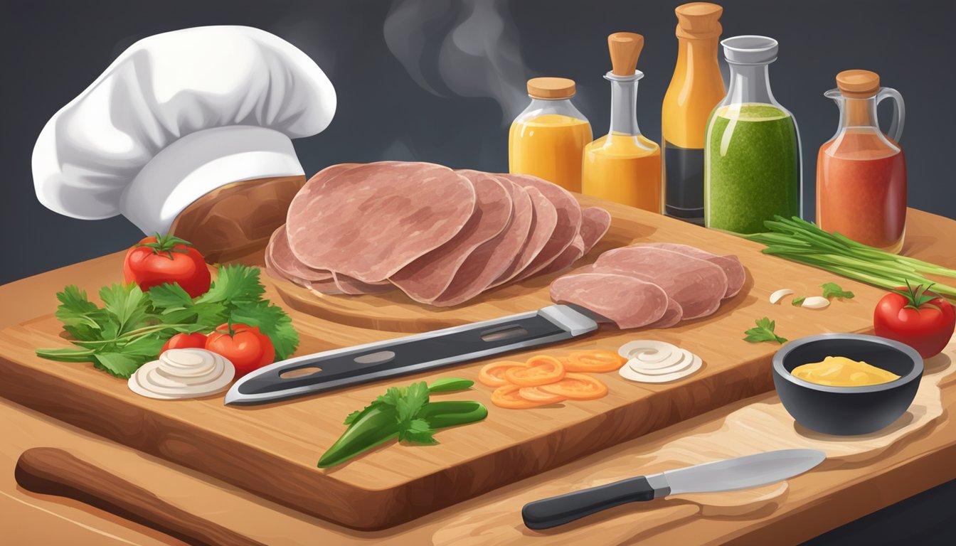 A chef slicing criadillas, a dish made from animal testicles, on a cutting board with various cooking utensils and ingredients in the background